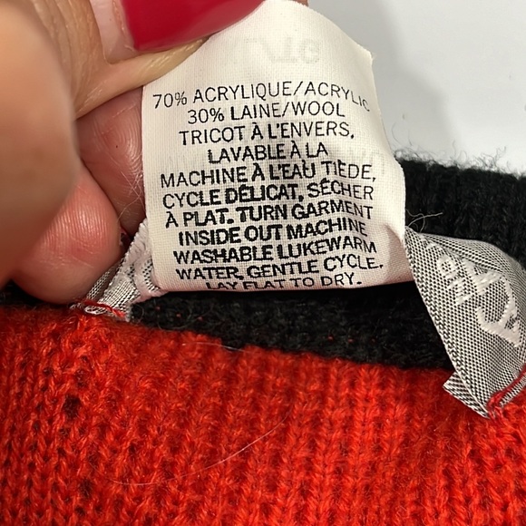 Vintage bright ORANGE 70s Sweater mens XL 3D Acrylic Wool Black RARE geometric - Picture 15 of 16